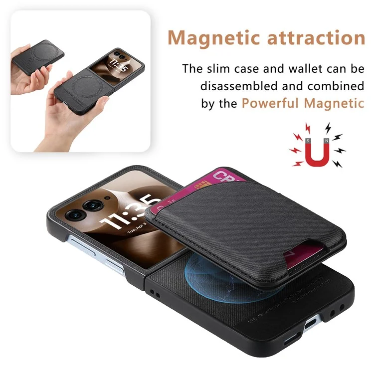 For Motorola Razr 60 Ultra 5G Magnetic Case Kickstand Denim Texture Leather Back Cover with Detachable Card Bag - Black
