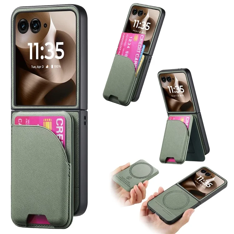 Funda Magnética para Motorola Razr 60 Ultra con Soporte, Textura de Mezclilla, Cubierta Trasera de Cuero con Bolsa de Tarjetas Extraíble - Verde