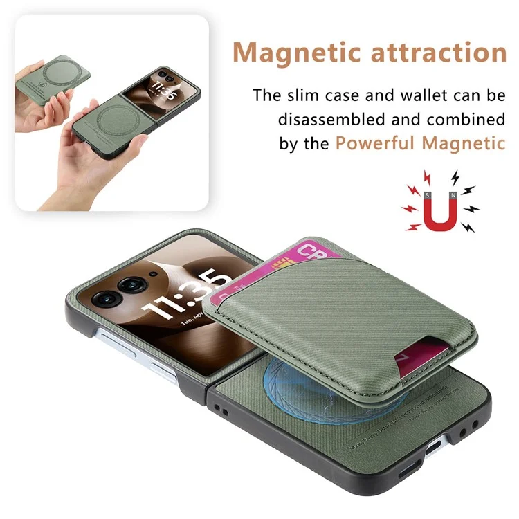 Funda Magnética para Motorola Razr 60 Ultra con Soporte, Textura de Mezclilla, Cubierta Trasera de Cuero con Bolsa de Tarjetas Extraíble - Verde