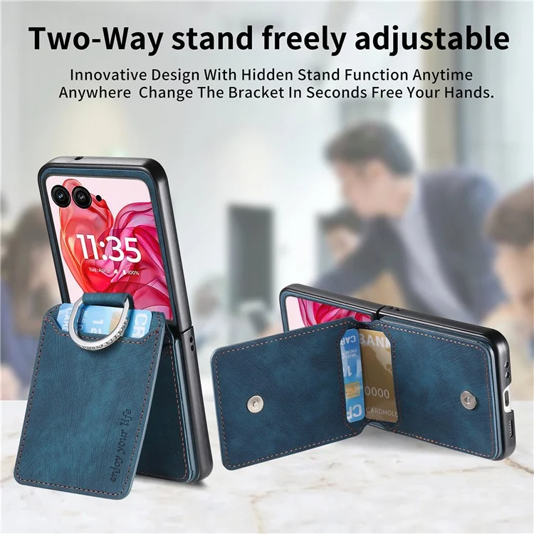 Cover per Motorola Razr 60 Ultra con Porta Carte, Supporto di Appoggio, Texture Retrò in Pelle - Blu