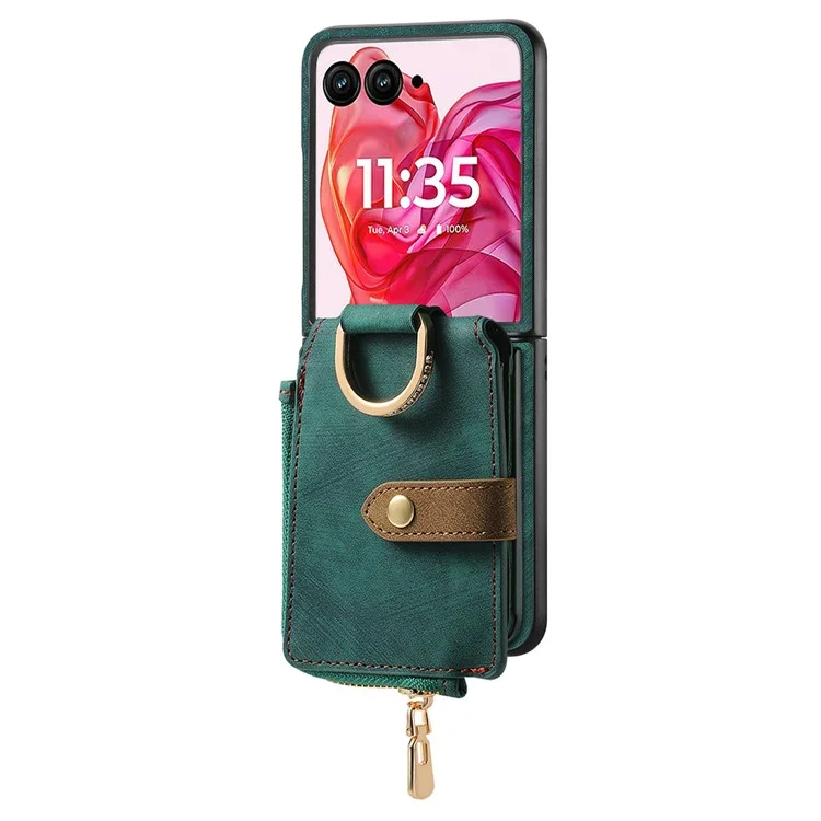 Чехол для Motorola Razr 60 Ultra с карманом на молнии для карт, с ретро-текстурой, кожаный, задняя крышка - Зеленый