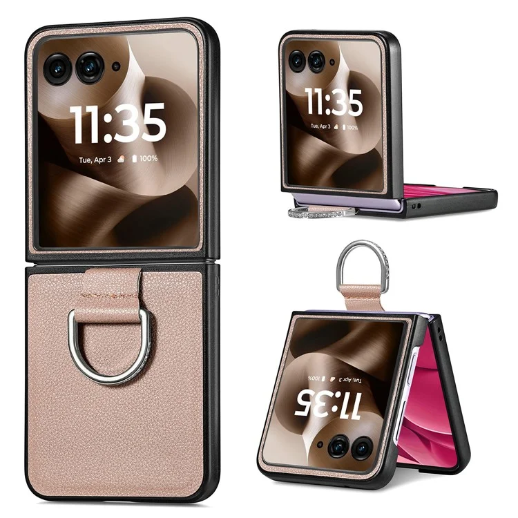 Чехол для Motorola Razr 60 Ultra с текстурой под кожу лито и ПК с кольцом-держателем - Хаки