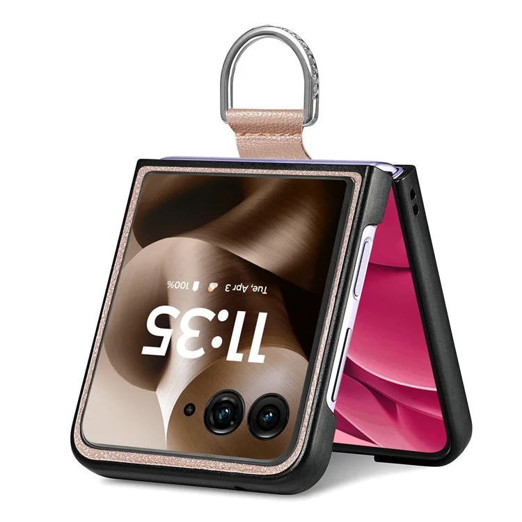 Чехол для Motorola Razr 60 Ultra с текстурой под кожу лито и ПК с кольцом-держателем - Хаки