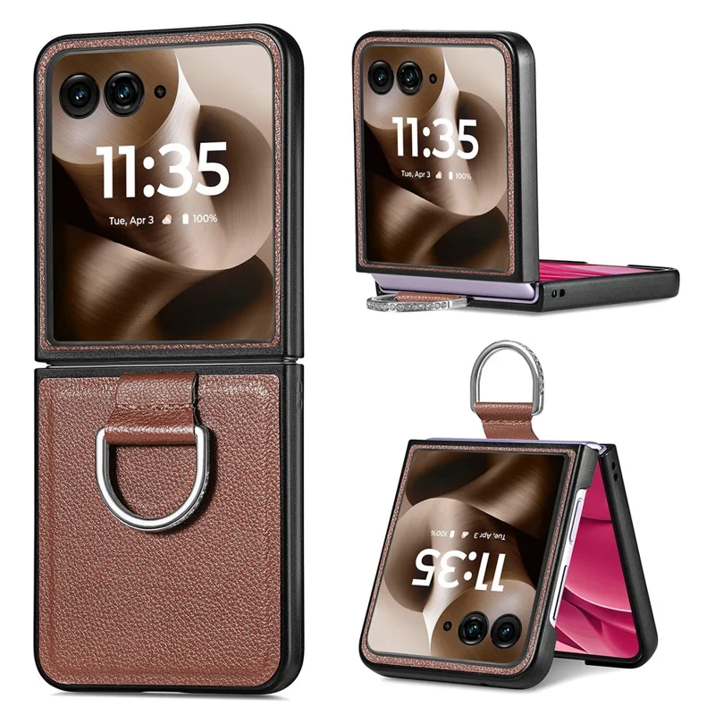 Litchi Texture Case for Motorola Razr 70 Ultra / 60 Ultra 5G / Razr Ultra 2026 5G / 2025 5G Leather + Pc Phone Cover with Ring Holder - Brown