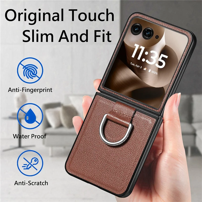 Litchi Texture Case for Motorola Razr 70 Ultra / 60 Ultra 5G / Razr Ultra 2026 5G / 2025 5G Leather + Pc Phone Cover with Ring Holder - Brown