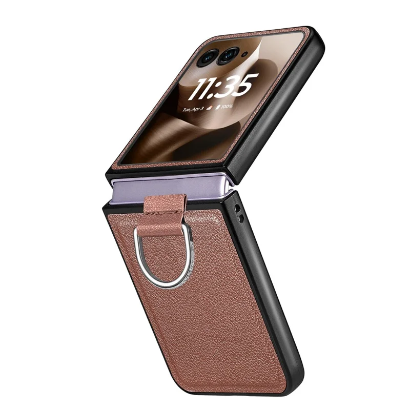 Litchi Texture Case for Motorola Razr 70 Ultra / 60 Ultra 5G / Razr Ultra 2026 5G / 2025 5G Leather + Pc Phone Cover with Ring Holder - Brown