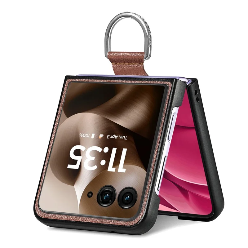 Litchi Texture Case for Motorola Razr 70 Ultra / 60 Ultra 5G / Razr Ultra 2026 5G / 2025 5G Leather + Pc Phone Cover with Ring Holder - Brown