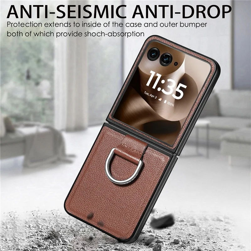 Litchi Texture Case for Motorola Razr 70 Ultra / 60 Ultra 5G / Razr Ultra 2026 5G / 2025 5G Leather + Pc Phone Cover with Ring Holder - Brown