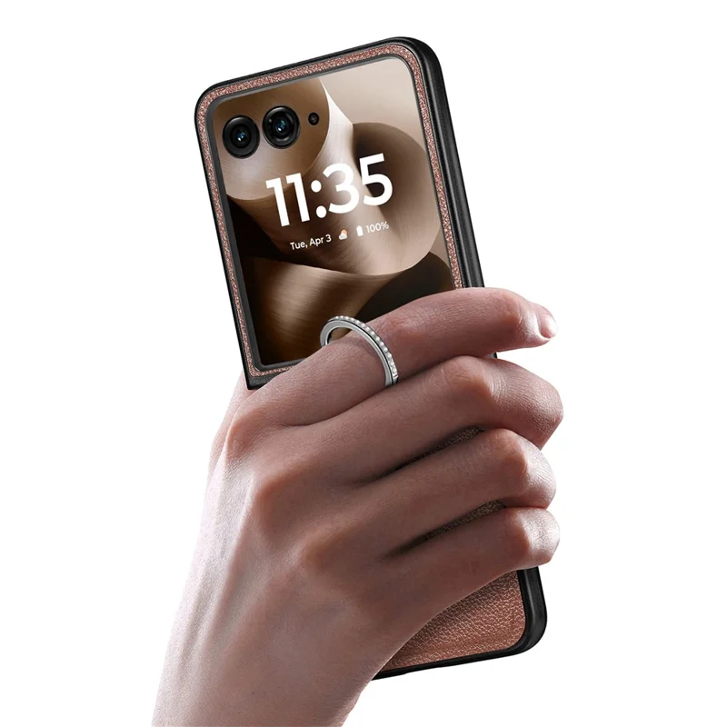 Litchi Texture Case for Motorola Razr 70 Ultra / 60 Ultra 5G / Razr Ultra 2026 5G / 2025 5G Leather + Pc Phone Cover with Ring Holder - Brown