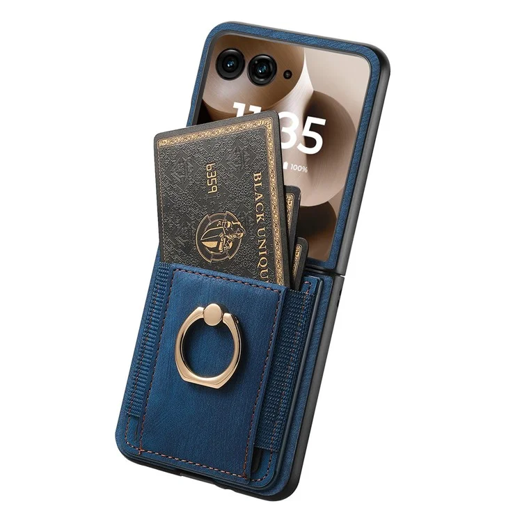 Capa para Motorola Razr 60 Ultra 5G com Porta-cartões, Couro Retrô + Capa de Telefone PC com Suporte de Anel - Azul