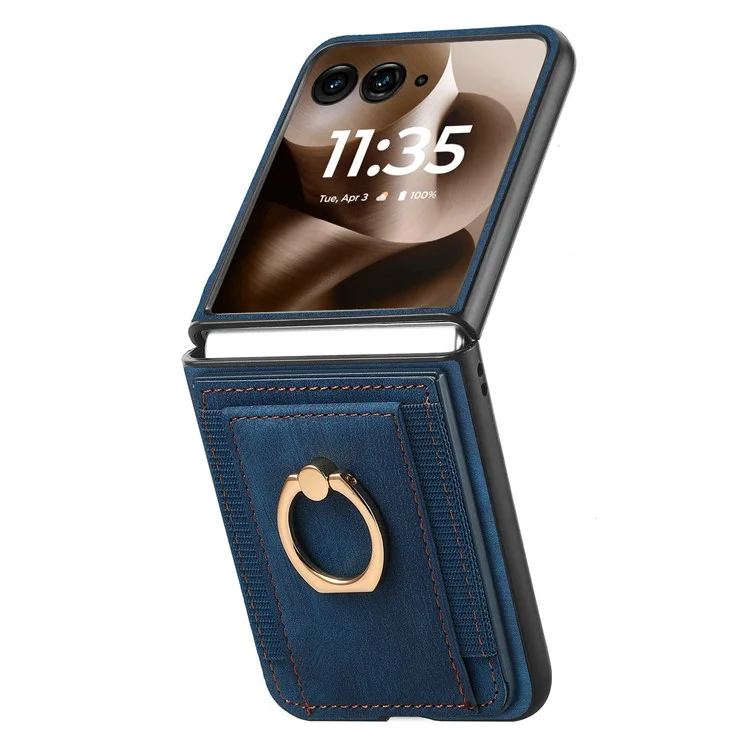 Capa para Motorola Razr 60 Ultra 5G com Porta-cartões, Couro Retrô + Capa de Telefone PC com Suporte de Anel - Azul