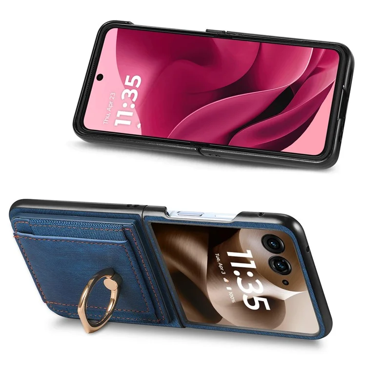 Capa para Motorola Razr 60 Ultra 5G com Porta-cartões, Couro Retrô + Capa de Telefone PC com Suporte de Anel - Azul