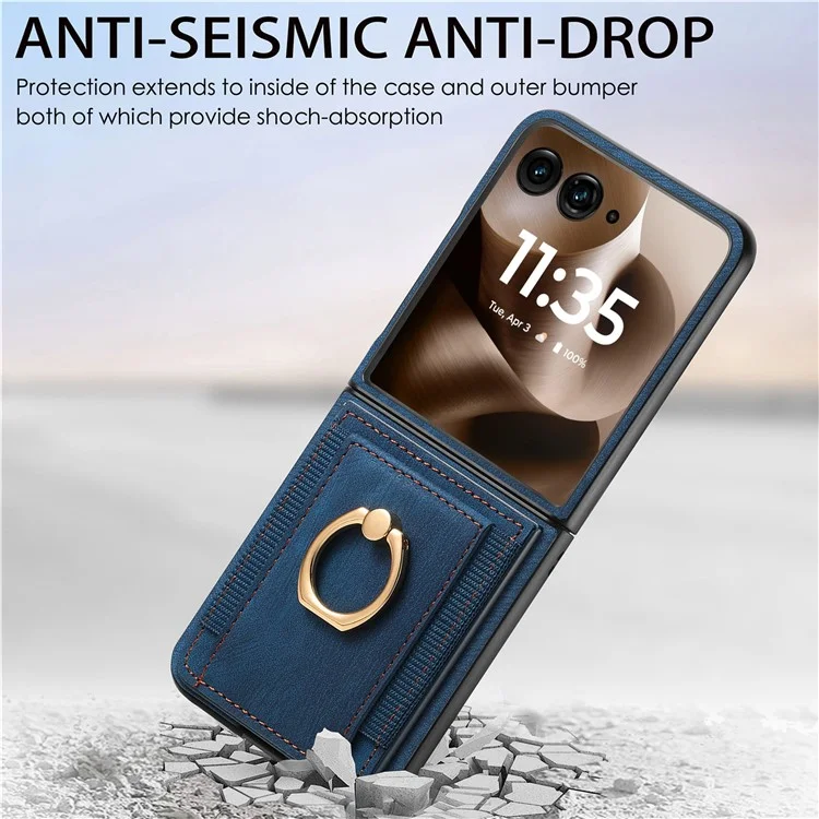 Capa para Motorola Razr 60 Ultra 5G com Porta-cartões, Couro Retrô + Capa de Telefone PC com Suporte de Anel - Azul