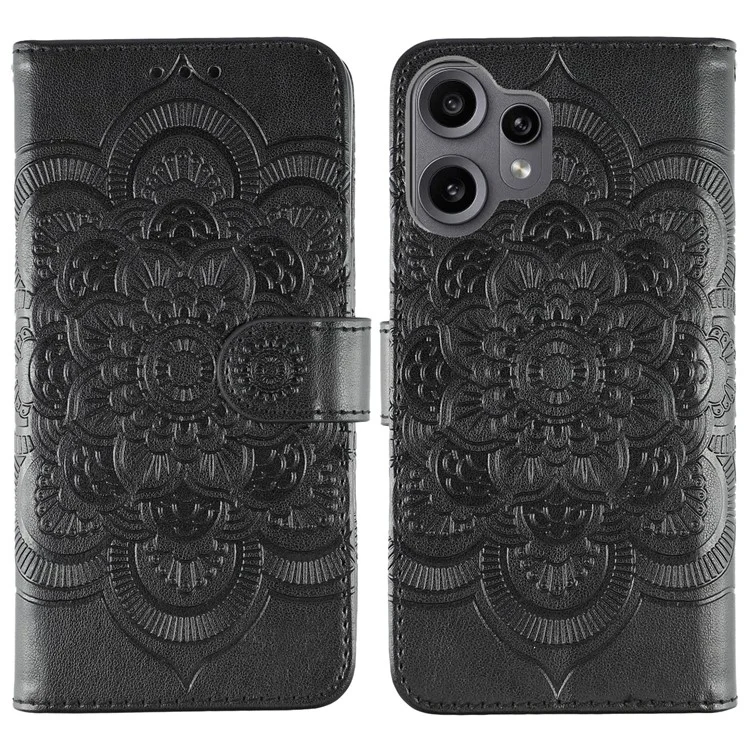 For Nothing CMF Phone 2 Pro Case PU Leather Mandala Imprinted Design Wallet Phone Cover with Wrist Strap - Black