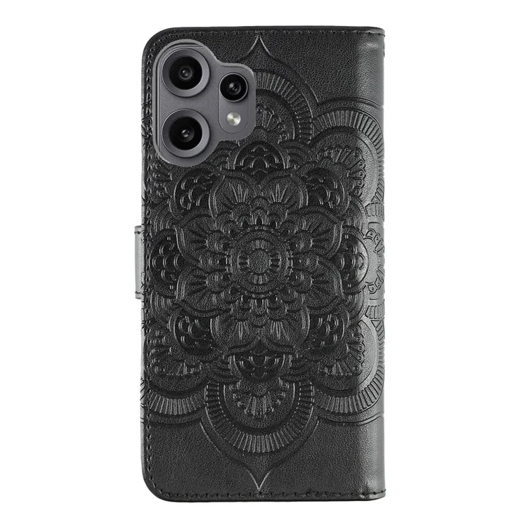 For Nothing CMF Phone 2 Pro Case PU Leather Mandala Imprinted Design Wallet Phone Cover with Wrist Strap - Black