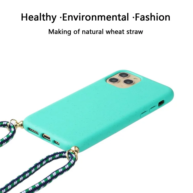 Bulk Purchasing For iPhone 14 Pro Eco Friendly Case with Lanyard Compostable Wheat Straw+TPU Phone Cover - Sky Blue
