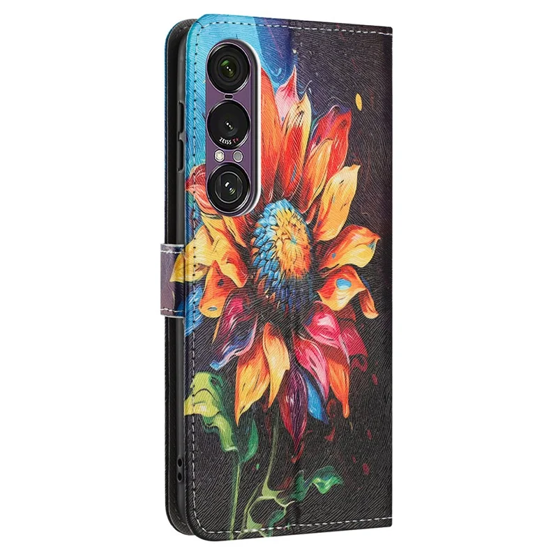 Capa de carteira YX-2501 para Sony Xperia 1 VII Impressão de padrão Capa de telefone de couro PU com cordão - Girassol