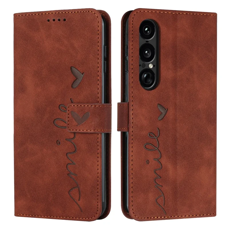 For Sony Xperia 1 VII Stand Case PU Leather Phone Cover Imprinted Heart Pattern - Brown