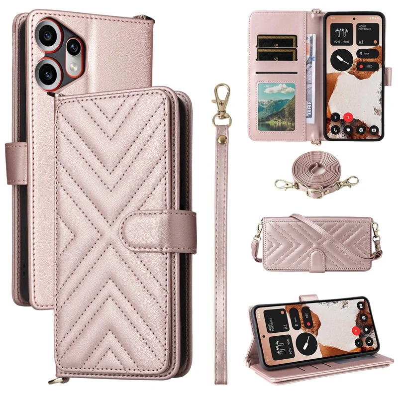 For Nothing CMF Phone 2 Pro Case with Shoulder / Wrist Strap Leather Phone Cover Stand Wallet - Pink