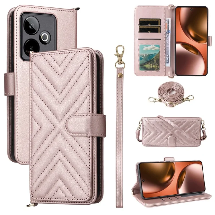Capa para Realme GT 7 5G com alça de ombro/pulso Capa de telefone de couro com suporte e carteira - Rosa