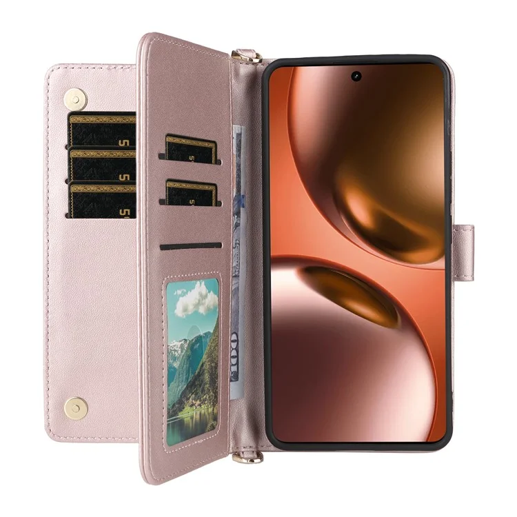 Capa para Realme GT 7 5G com alça de ombro/pulso Capa de telefone de couro com suporte e carteira - Rosa