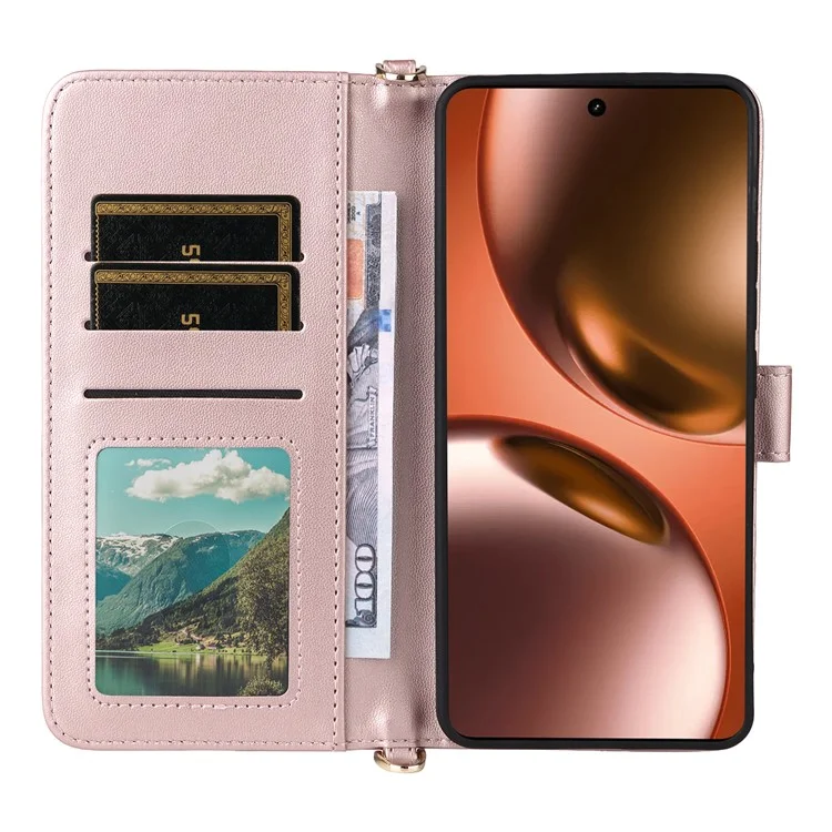 Capa para Realme GT 7 5G com alça de ombro/pulso Capa de telefone de couro com suporte e carteira - Rosa