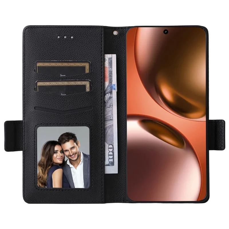 For Realme GT 7 5G Case with Wrist Strap Litchi Texture PU Leather Wallet Phone Cover - Black