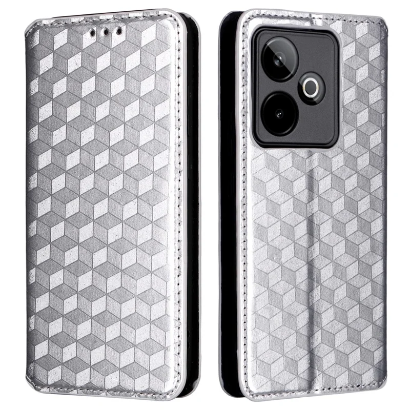 Capa Carteira para Realme GT 7 5G com Estampa de Losango em Couro - Prata