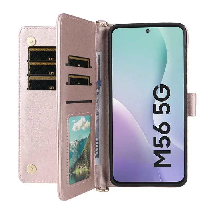 Pour Samsung Galaxy M56 5G Étui avec bandoulière / sangle de poignet Étui en cuir Téléphone Support Portefeuille - Rose