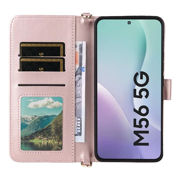 Pour Samsung Galaxy M56 5G Étui avec bandoulière / sangle de poignet Étui en cuir Téléphone Support Portefeuille - Rose