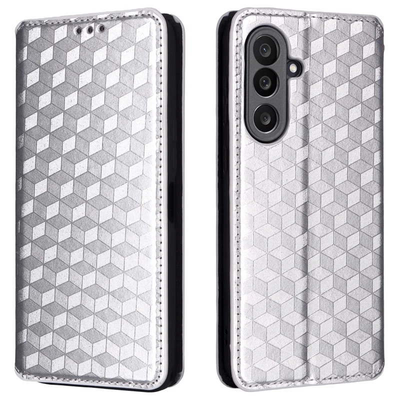 Cover a portafoglio per Samsung Galaxy M56 5G con motivo a rombi in pelle - Argento