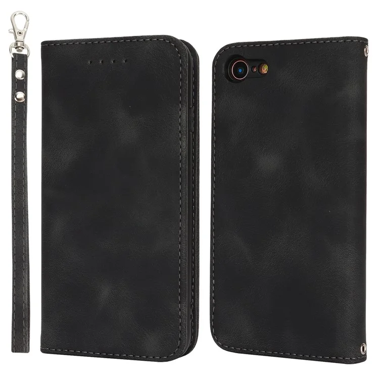 For iPhone SE (2022)  /  (2020)  /  8  /  7 Stand Case Magnetic Closure Skin Touch Leather Flip Phone Cover with Wallet - Black