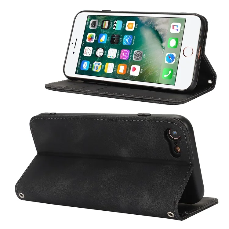 For iPhone SE (2022)  /  (2020)  /  8  /  7 Stand Case Magnetic Closure Skin Touch Leather Flip Phone Cover with Wallet - Black