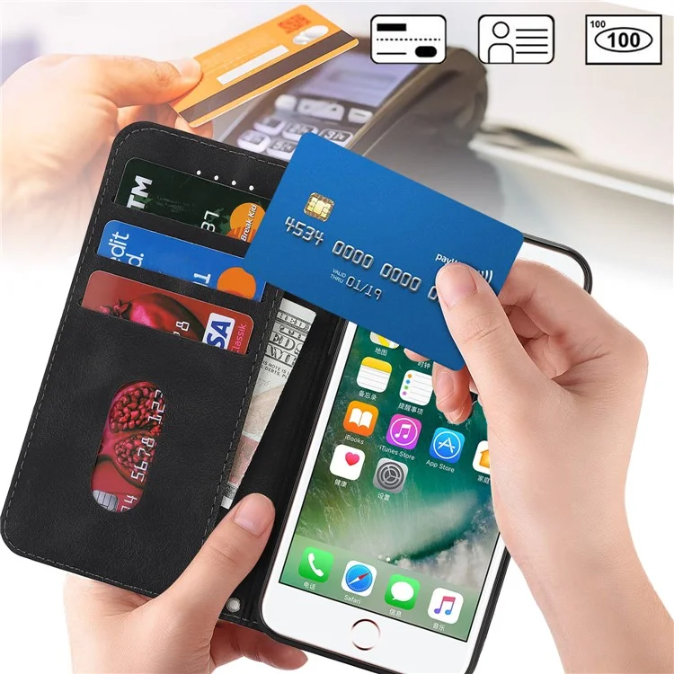 For iPhone SE (2022)  /  (2020)  /  8  /  7 Stand Case Magnetic Closure Skin Touch Leather Flip Phone Cover with Wallet - Black