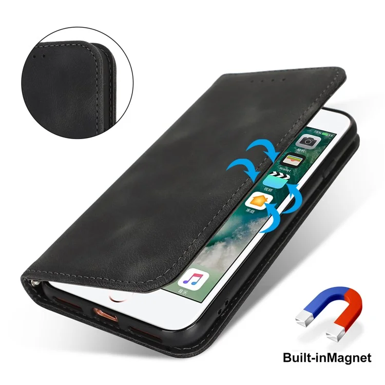 For iPhone SE (2022)  /  (2020)  /  8  /  7 Stand Case Magnetic Closure Skin Touch Leather Flip Phone Cover with Wallet - Black