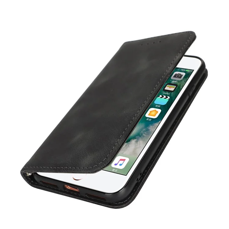 For iPhone SE (2022)  /  (2020)  /  8  /  7 Stand Case Magnetic Closure Skin Touch Leather Flip Phone Cover with Wallet - Black