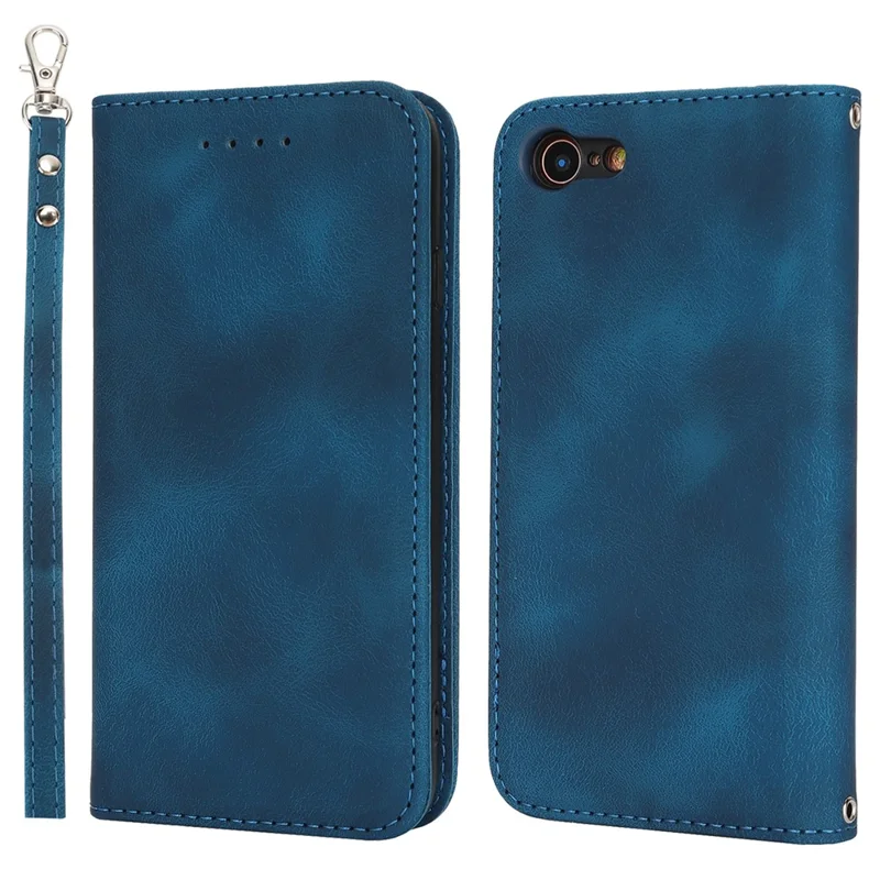 For iPhone SE (2022)  /  (2020)  /  8  /  7 Stand Case Magnetic Closure Skin Touch Leather Flip Phone Cover with Wallet - Blue