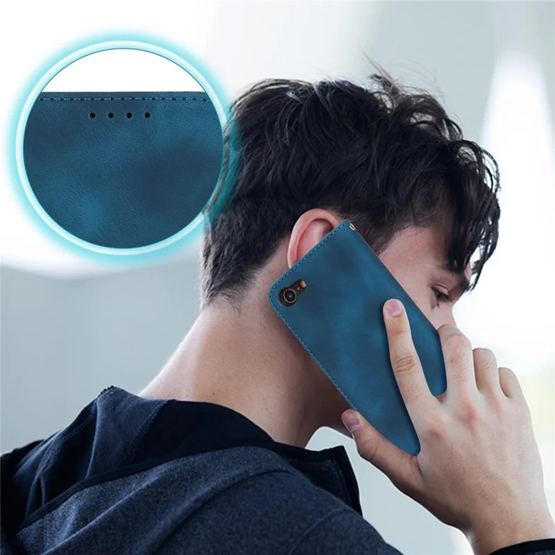 For iPhone SE (2022)  /  (2020)  /  8  /  7 Stand Case Magnetic Closure Skin Touch Leather Flip Phone Cover with Wallet - Blue