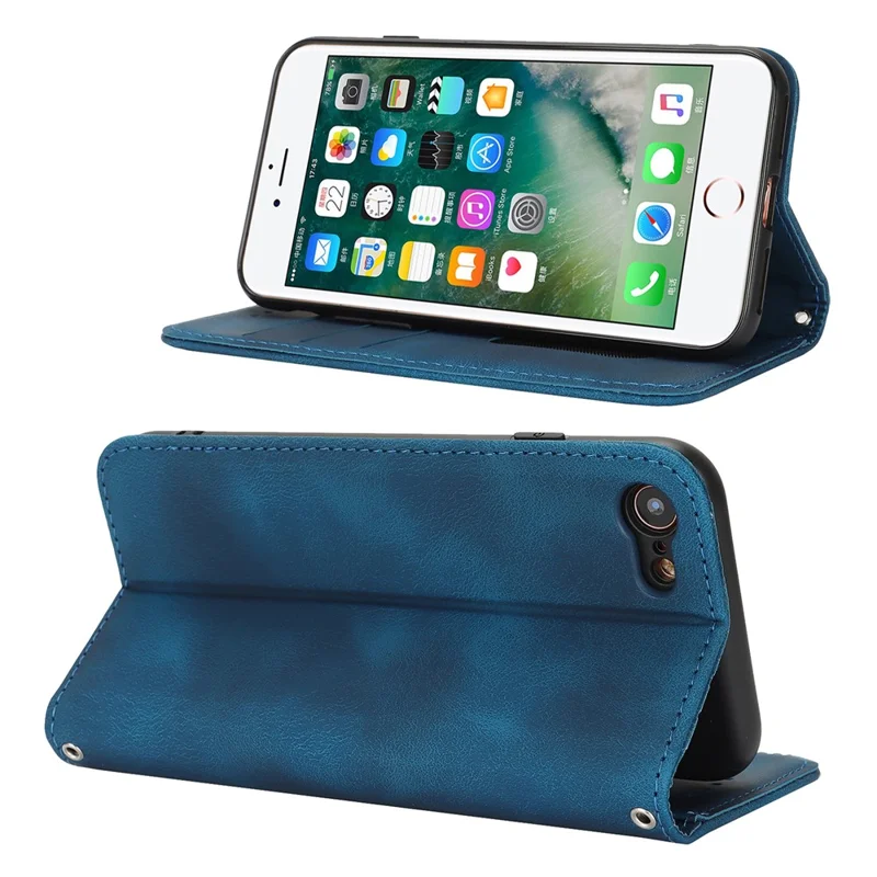 For iPhone SE (2022)  /  (2020)  /  8  /  7 Stand Case Magnetic Closure Skin Touch Leather Flip Phone Cover with Wallet - Blue