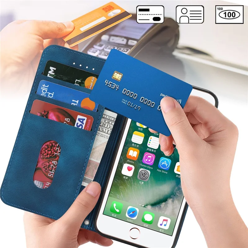 For iPhone SE (2022)  /  (2020)  /  8  /  7 Stand Case Magnetic Closure Skin Touch Leather Flip Phone Cover with Wallet - Blue