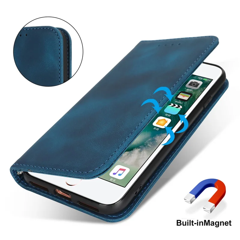 For iPhone SE (2022)  /  (2020)  /  8  /  7 Stand Case Magnetic Closure Skin Touch Leather Flip Phone Cover with Wallet - Blue
