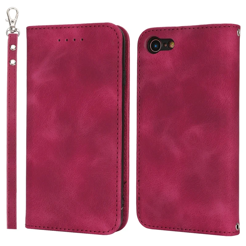 For iPhone SE (2022)  /  (2020)  /  8  /  7 Stand Case Magnetic Closure Skin Touch Leather Flip Phone Cover with Wallet - Red