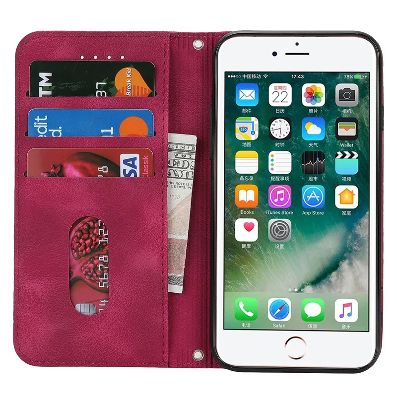For iPhone SE (2022)  /  (2020)  /  8  /  7 Stand Case Magnetic Closure Skin Touch Leather Flip Phone Cover with Wallet - Red