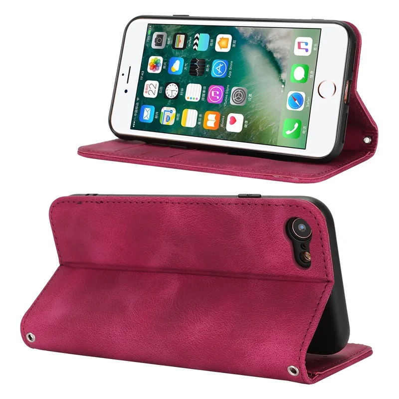 For iPhone SE (2022)  /  (2020)  /  8  /  7 Stand Case Magnetic Closure Skin Touch Leather Flip Phone Cover with Wallet - Red