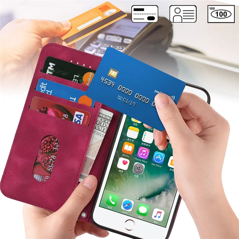 For iPhone SE (2022)  /  (2020)  /  8  /  7 Stand Case Magnetic Closure Skin Touch Leather Flip Phone Cover with Wallet - Red