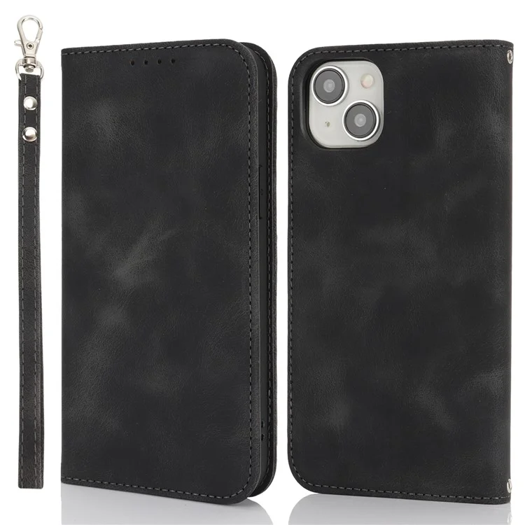 For iPhone 14  /  13 Stand Case Magnetic Closure Skin Touch Leather Flip Phone Cover with Wallet - Black