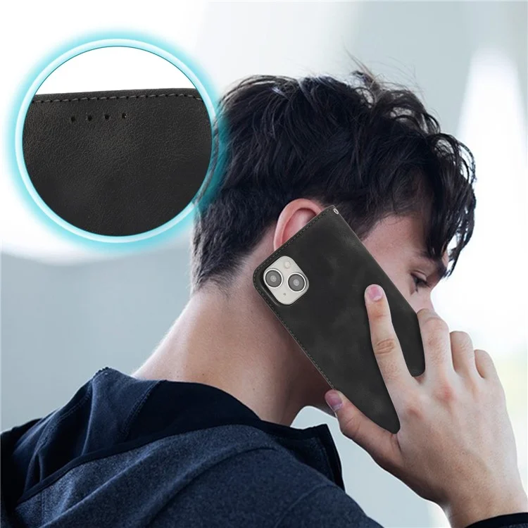 For iPhone 14  /  13 Stand Case Magnetic Closure Skin Touch Leather Flip Phone Cover with Wallet - Black