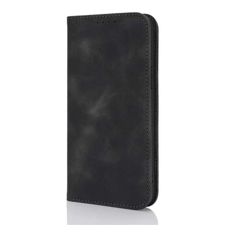 For iPhone 14  /  13 Stand Case Magnetic Closure Skin Touch Leather Flip Phone Cover with Wallet - Black