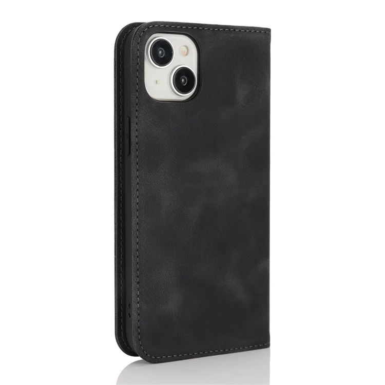 For iPhone 14  /  13 Stand Case Magnetic Closure Skin Touch Leather Flip Phone Cover with Wallet - Black
