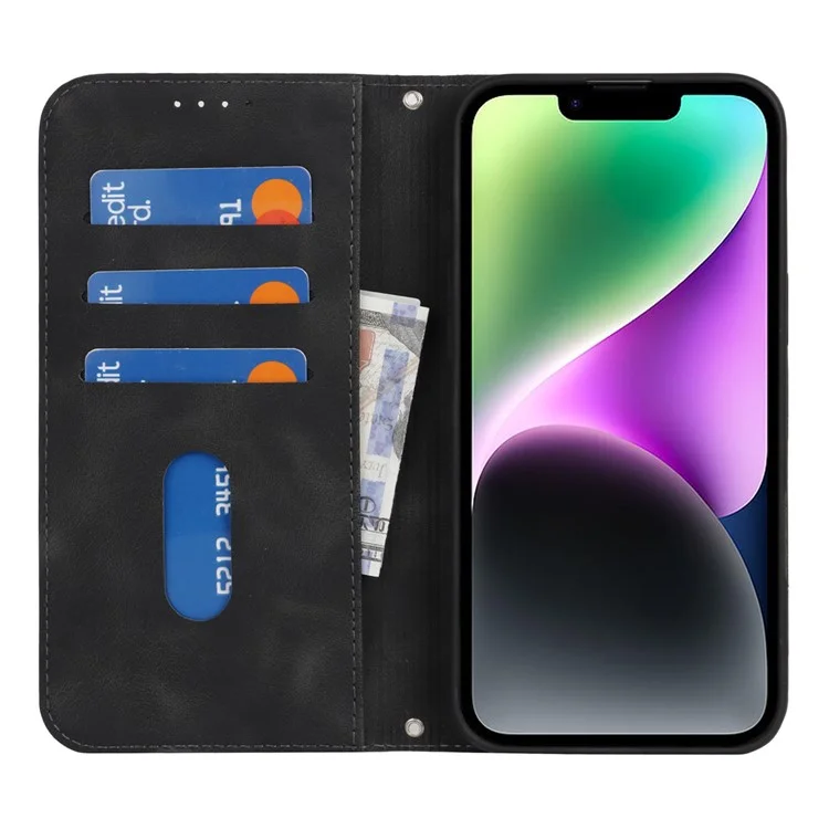 For iPhone 14  /  13 Stand Case Magnetic Closure Skin Touch Leather Flip Phone Cover with Wallet - Black